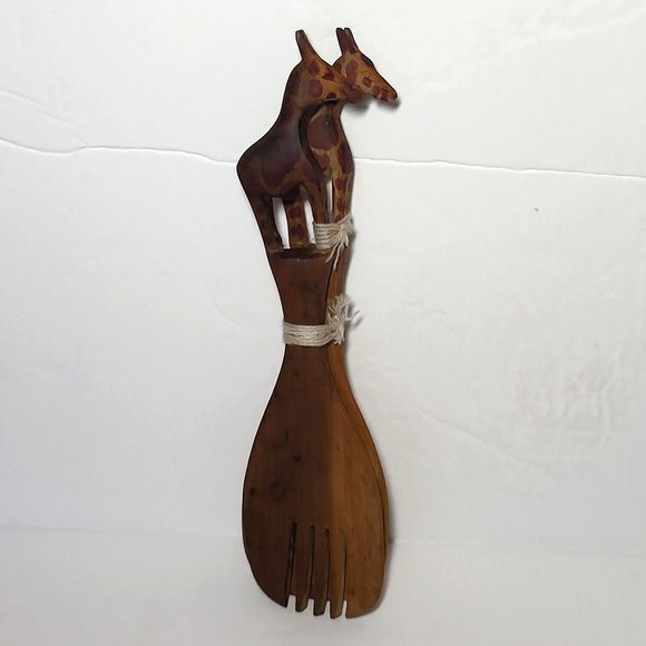 VTG Wooden Giraffe Wooden Salad Serving Set Fork and Spoon Hand Carved - Picture 9 of 12